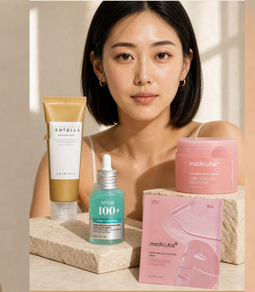 The four glass skin products on a travertine counter beside a model