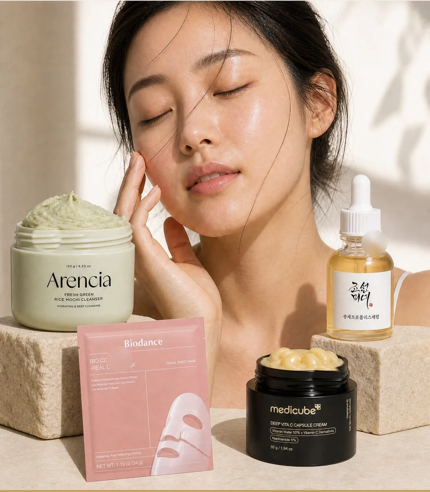 The four glowing skin products on a travertine counter beside a model