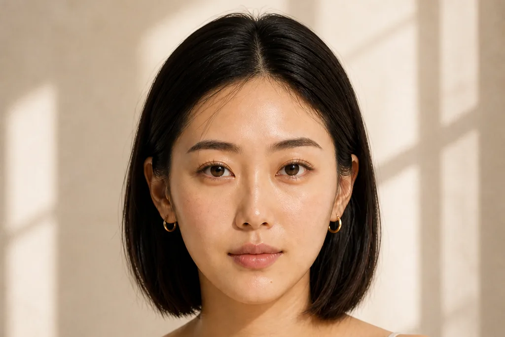 Close-up portrait of a woman with smooth, dewy skin and dark hair in soft window light