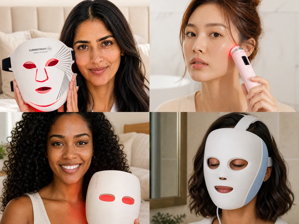 Four LED facial devices: a red-light mask, a wand, a head-strap mask and an under-eye mask