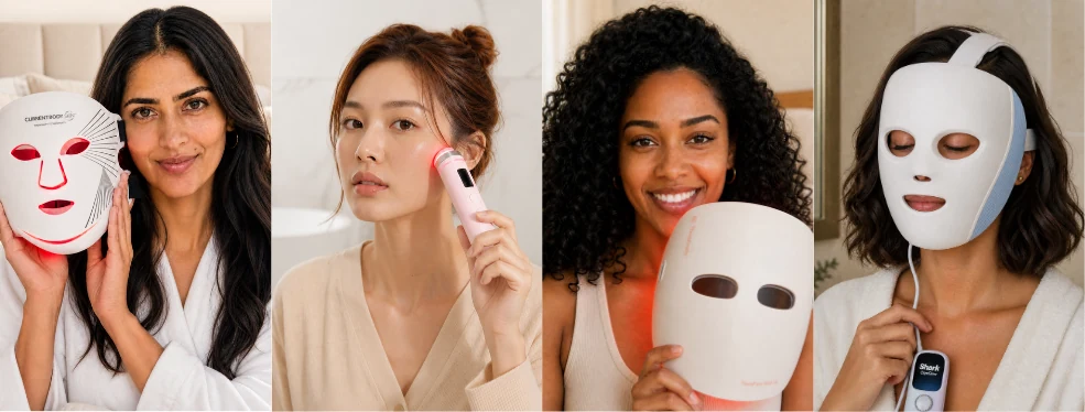 Four LED facial devices side by side: a red-light mask, a handheld wand and two strapped masks