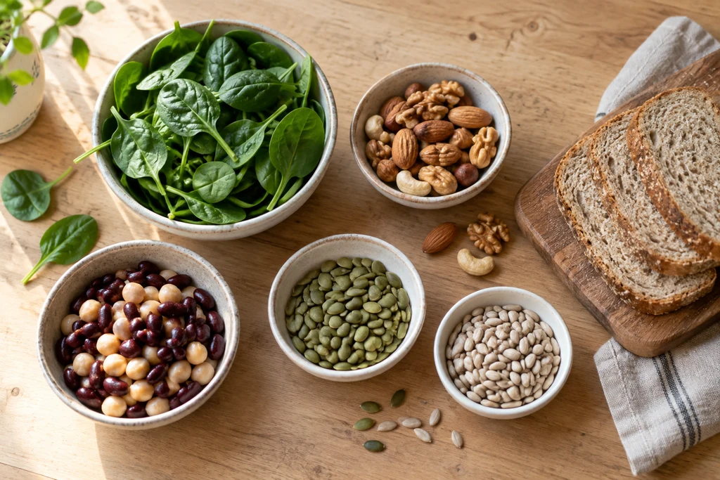 Bowls of spinach, nuts, seeds and beans beside wholemeal bread on a kitchen table