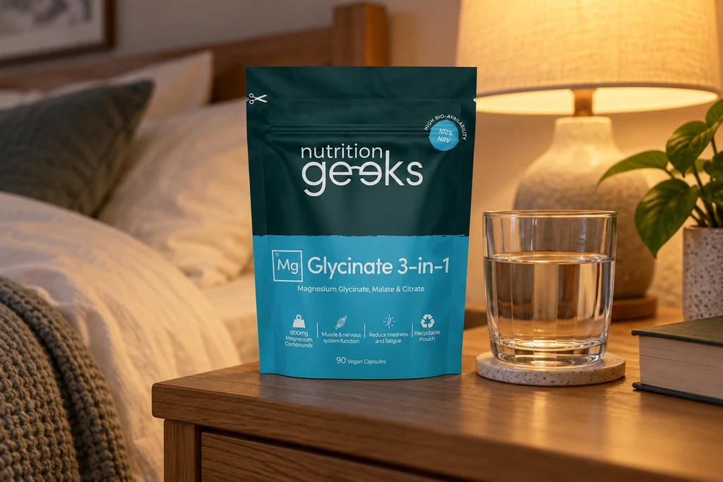 A pouch of Nutrition Geeks Magnesium Glycinate 3-in-1 beside a glass of water on a bedside table