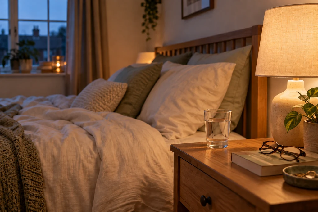 A calm bedroom at dusk with a glass of water and a lamp on the bedside table