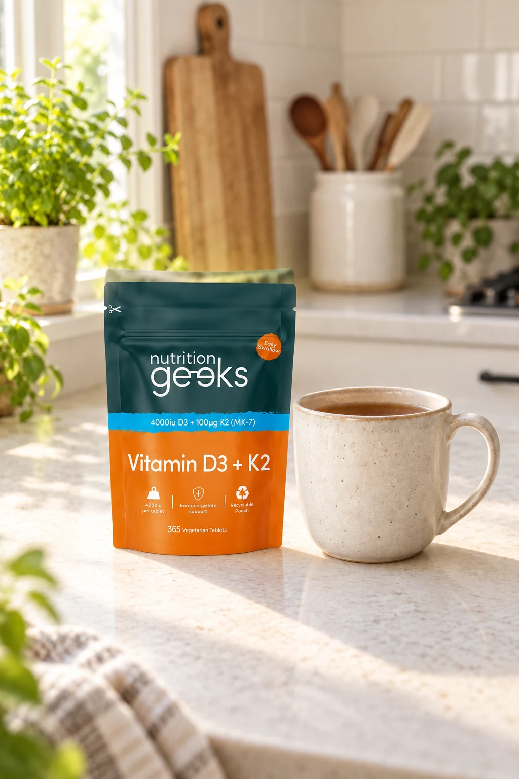 A pouch of Nutrition Geeks vitamin D3 and K2 tablets on a sunlit kitchen worktop beside a mug of tea